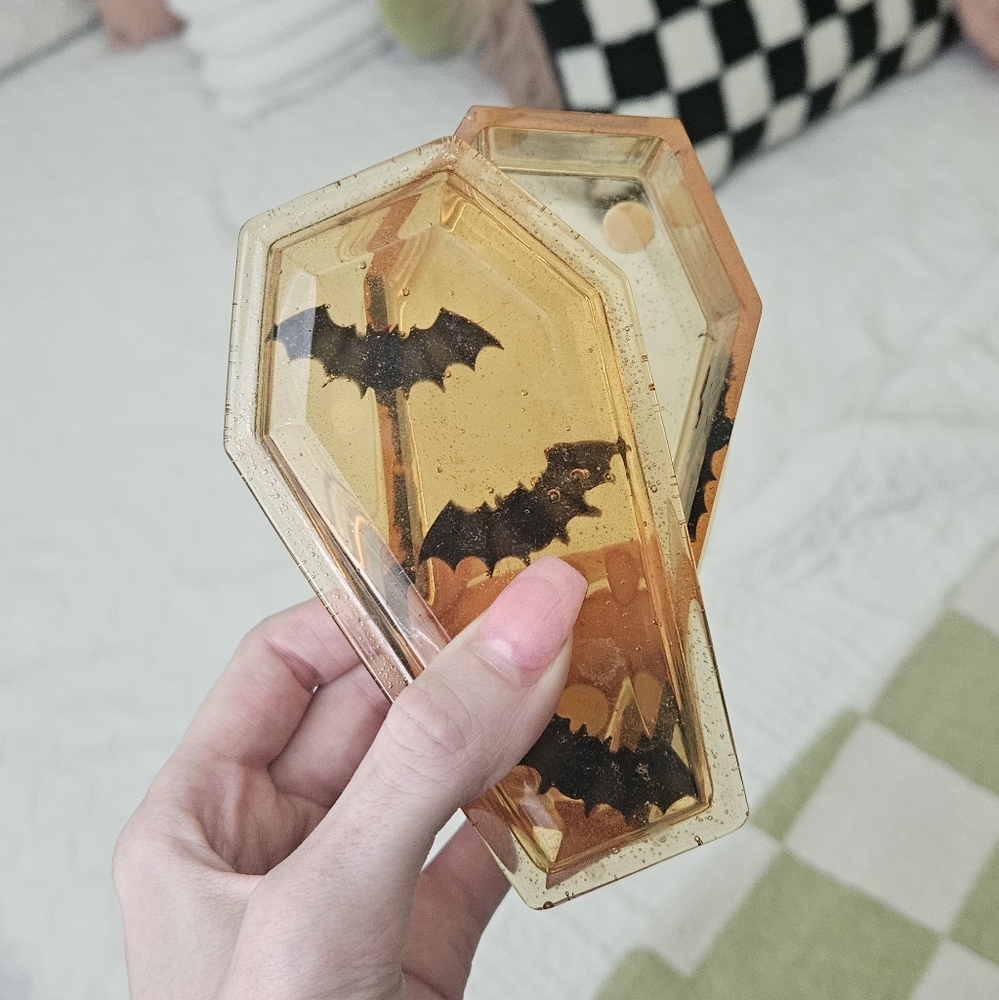 Orange Bat Halloween Resin Coffin Jewelry Box